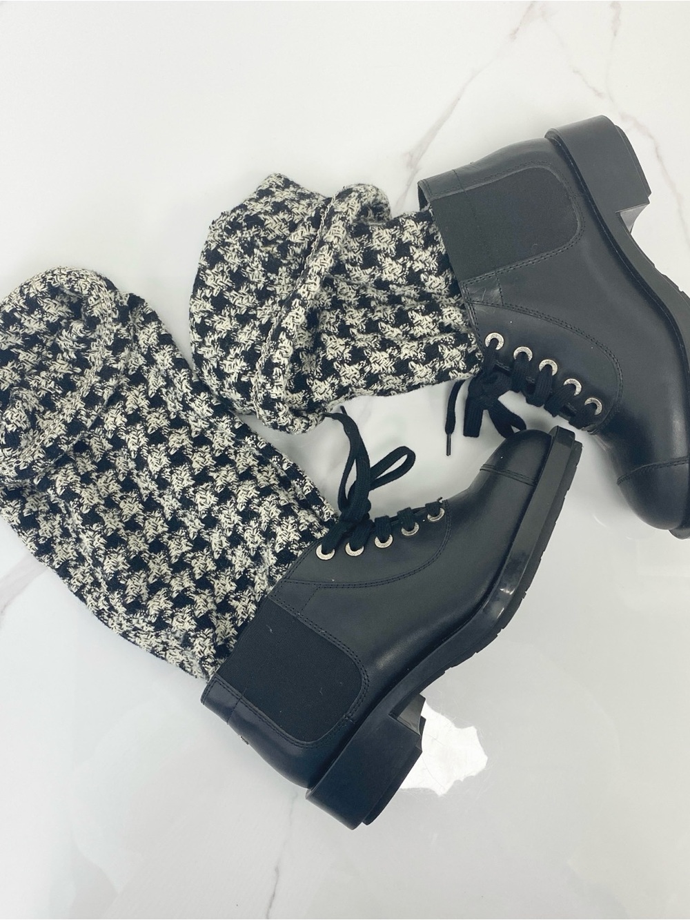 Chanel Tweed Lace Up Chain Detail Boots